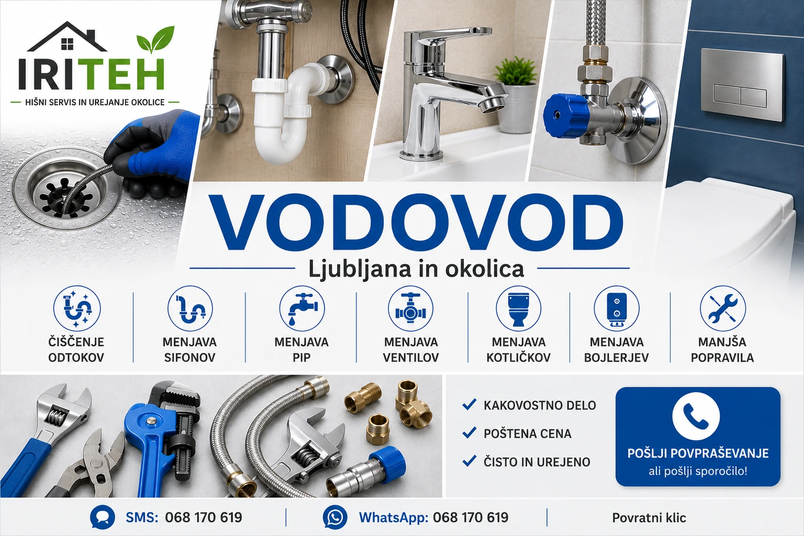 Vodovodne storitve v Ljubljani in okolici – čiščenje odtokov, menjava sifona, pipe, ventila, bojlerja in WC kotlička.